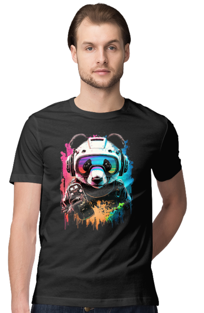 Футболка чоловіча з принтом "Панда в VR шолом". Віртуальна реальність, гік, панда, персонаж, шолом. 2070702