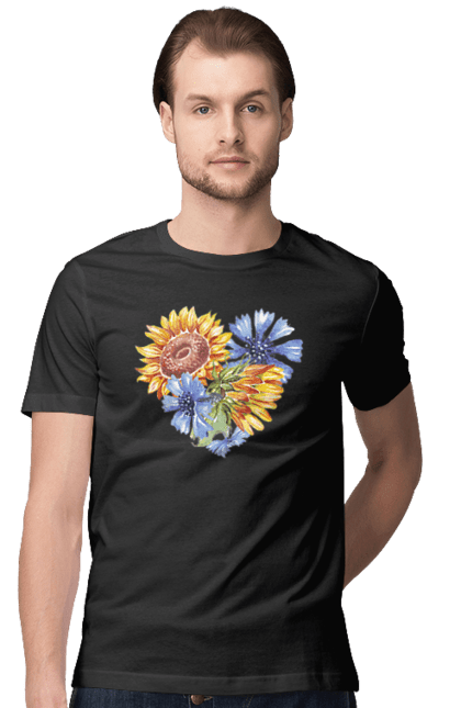 Футболка чоловіча з принтом "Серце соняшники та фіалки". Квіти, люблю україну, любов, серце, соняшник, україна, фіалки. 2070702