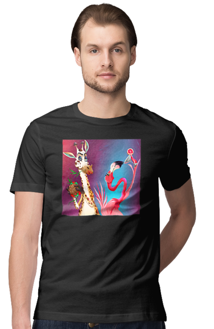 Футболка чоловіча з принтом "Жираф І Фламінго На Вечірці". Жираф, їжа, коктейль, фламінго. 2070702