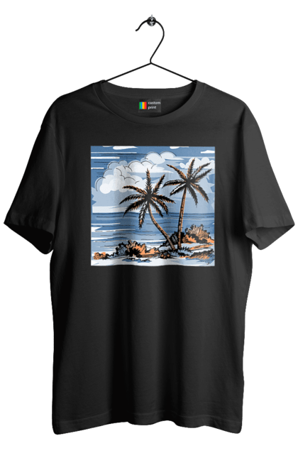 Футболка чоловіча з принтом "Пальми І Небо". Море, небо, пальми, хмари. 2070702