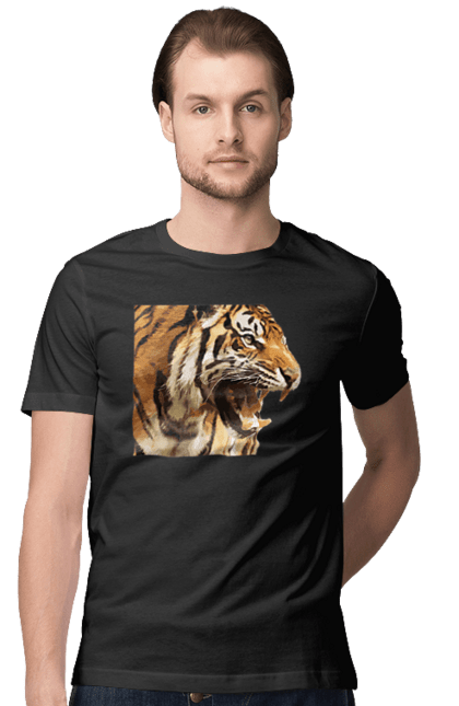 Футболка чоловіча з принтом "Тигр". Велика кішка, великий кіт, дика природа, дикий, звір, зуби, паща, погляд, портрет, природа, стилізація, тварина, тигр, хижак. CustomPrint.market