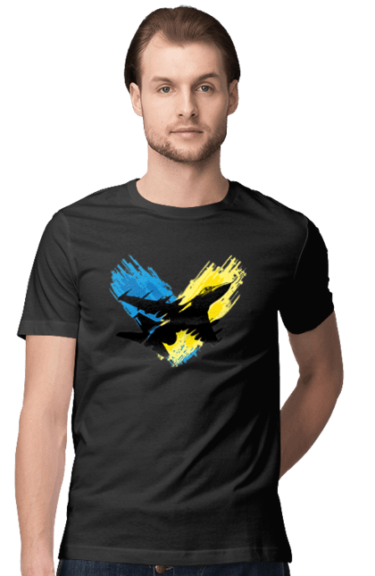 Футболка чоловіча з принтом "Літак F 16". З прапором, зсу, літак, літак f16, патріотична, прапор, ф16. 2070702