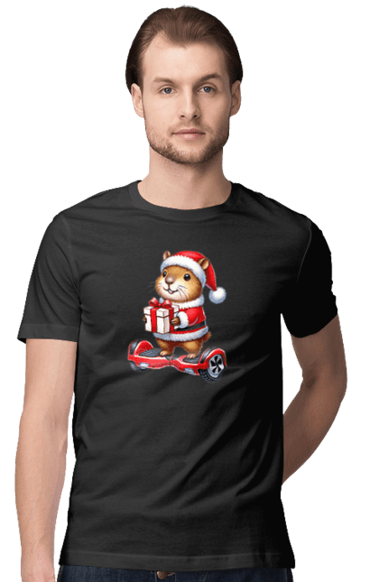 Men's t-shirt with prints Christmas Capybara with a Gift. Animal, capybara, christmas, christmas capybara, gift, holiday, new year, new year`s gift, santa. 2070702