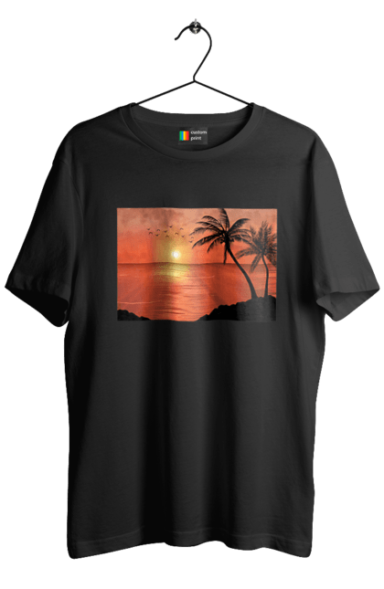 Футболка чоловіча з принтом "Захід Пальми Море". Берег, захід, море, пальми. 2070702