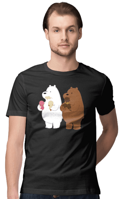 Футболка чоловіча з принтом "Білий і бурий ведмідь об'їдаються морозивом". Білий ведмідь, бурий ведмідь, морозиво. CustomPrint.market