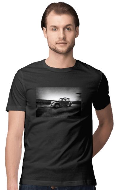 Футболка чоловіча з принтом "Ретро машина чб". Авто, ретро, ретро машина, чорно біла машина. 2070702