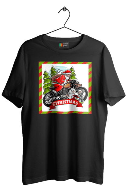 Футболка чоловіча з принтом "Санта на мотоциклі". Мотоцикл, новий рік, подарунки, різдво, санта, сніговик, ялинка. 2070702