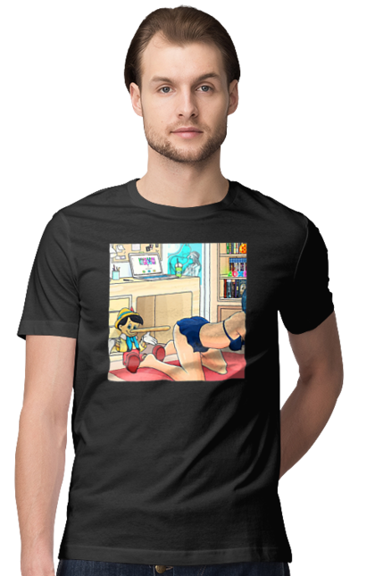 Футболка чоловіча з принтом "Буратіно У Дорослій Казці". Бетмен, буратіно, гола, поцілунок, прикол. 2070702