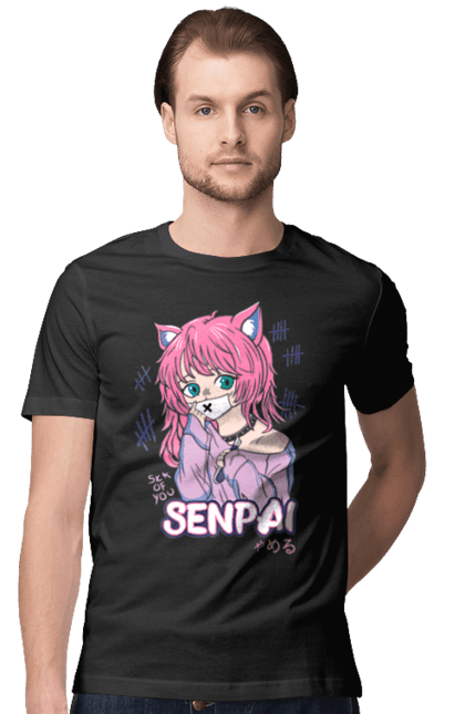 Men's t-shirt with prints Senpai. Anime, ears, japan, manga, mask, senpai. 2070702