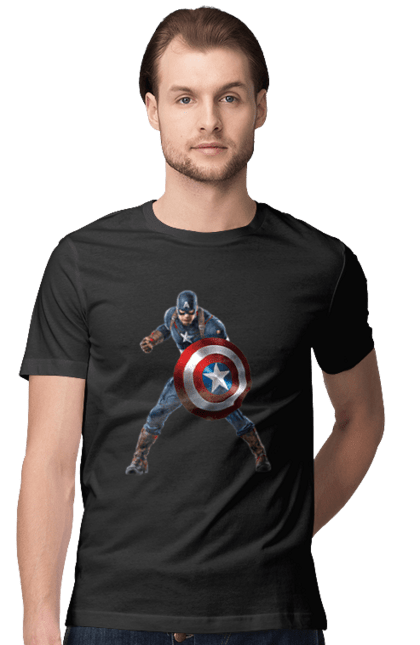 Футболка чоловіча з принтом "Капітан Америка". Америка, герой, капітан, квм, комікси, марвел, месники, роджерс, стів, супергерой, щит. CustomPrint.market