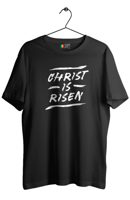 Футболка чоловіча з принтом "Христос воскрес (англ.) Білий напис пензлем". Великдень, великдень христовий, воскресіння христове, ісус христос, пензлик, релігія, свято, християнство, христос воскрес. KRUTO.  Магазин популярних футболок