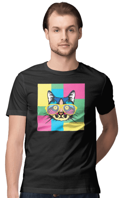 Men's t-shirt with prints Cat with glasses. Animal, art, bright, cat, cat, glasses, mustache, picture, wool. 2070702