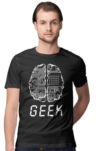Футболка чоловіча з принтом "Гик Мозок". Айті, айтішник, гик, знання, інженер, кібер, кібернетика, кіборг, код, комп, комп’ютерник, кристал, мікросхема, мозок, програміст, професіонал, професссія, розробник, розум, чіп. 2070702