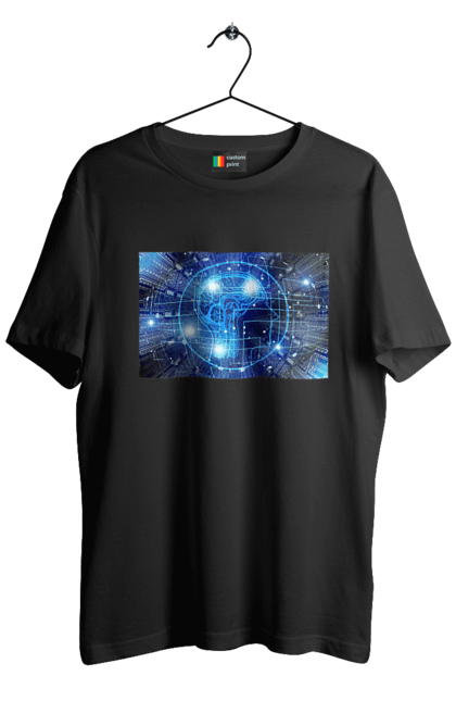 Футболка чоловіча з принтом "Штучний інтелект". Айті, айтішник, гік, знання, інженер, інтелект, кібер, кібернетика, кіборг, код, комп, комп`ютерник, кристал, машинне навчання, мікросхема, мозок, портрет, програміст, професіонал, професія, розробник, розум, хакер, чіп, штучний інтелект, штучний розум. 2070702