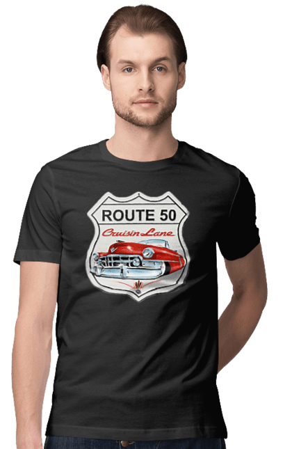 Men`s t-shirt with prints Route 50. Bike, biker, biker club, bikers club, brother, brutal, dude, hot asphalt, hot horse, hot rod, motorcycle, motorcyclist, real man, road 50, road 66, road 80, roads of america, roads of ukraine, roads we choose, speed, take, thirst for speed. 2070702