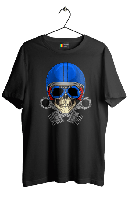 Футболка чоловіча з принтом "череп мотолюбитель". Байкер, окуляри, череп, шолом. 2070702