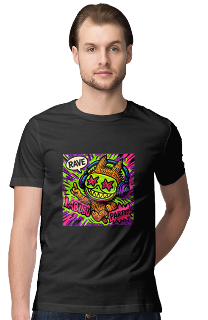 Футболка чоловіча з принтом "Лабубу". Вечірка, вуличне мистецтво, графіті, зоряніочі, коміксстиль, лабубу, навушники, неон, попарт, рейв. 2070702