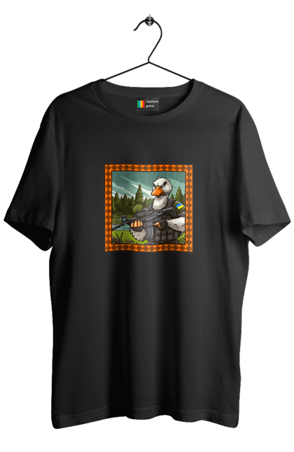 Футболка чоловіча з принтом "Гусячий десант". Біологічна зброя, бойові гуси, військовий гусак, гусячий десант, зброєні сили, прапор, символіка, україна. 2070702