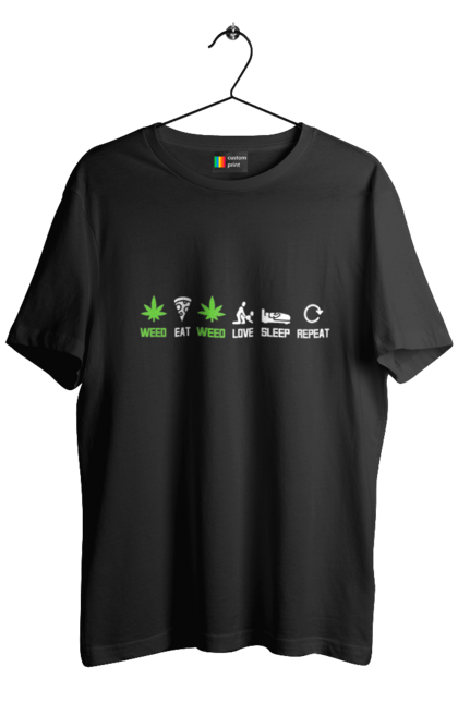 Футболка чоловіча з принтом "Їсти , любити, спати, повторити". Їсти, коноплі, любов, піца, повторити, секс, сон, спати, трава. 2070702