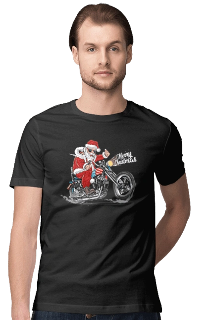 Santa in glasses on a motorcycle