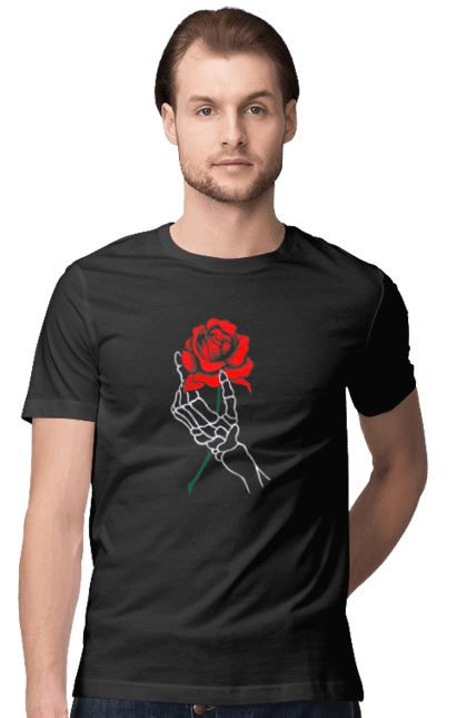 Футболка чоловіча з принтом "Троянда". Квітка, кисть, кістки, романтика, скелет, троянда, червоний. CustomPrint.market