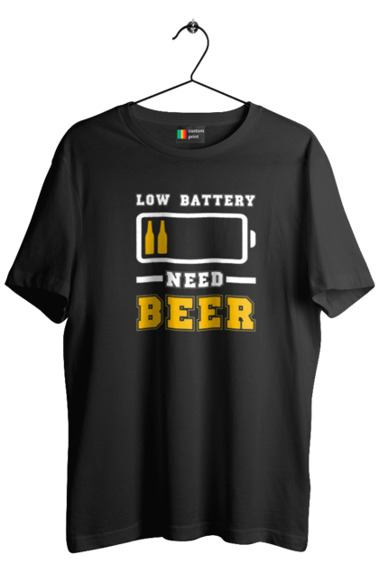 Футболка чоловіча з принтом "Low battery need beer". Алкоголь, брутальні, літні, пиво, прикольні принти, чоловічі. 2070702
