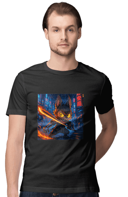 Футболка чоловіча з принтом "Лабубу". Аніместиль, дія, катана, кіберніндзя, кіберпанк, лабубу, меч, неонове місто, очі` що світяться. 2070702