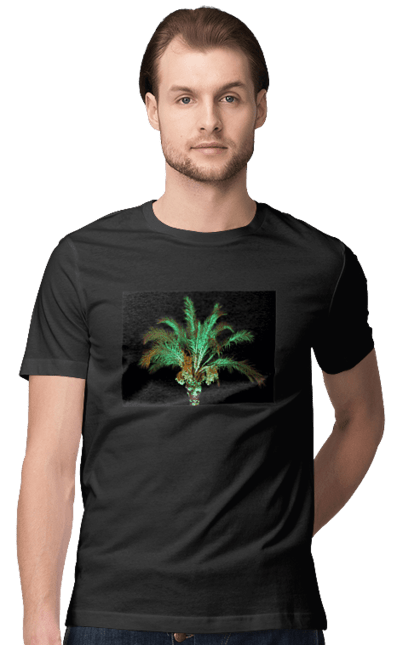 Футболка чоловіча з принтом "Фінікова Пальма Вночі". Берег, відпочинок, відпустка, зелений, море, ніч, оазис, океан, острів, пальма, південь, подорож, пригоди, тропіки, фінікова, чорне. 2070702