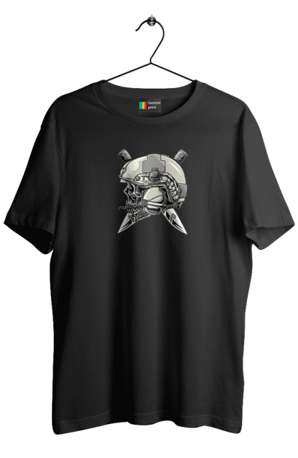 Футболка чоловіча з принтом "Череп пілота". Військовий, захисник, ніж, пілот, череп, шолом. 2070702