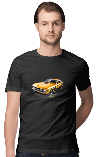 Футболка чоловіча з принтом "Форд мустанг". Американська легенда, жовтий мустанг, культове авто, мустанг, потужне авто, форд мустанг, шелбі. 2070702