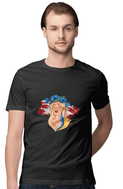 Футболка чоловіча з принтом "Дівчина на карті України". Дівчина, дівчина на карті, жовтий, карта україни, квіти, прапор, синій, україна, червоний. 2070702