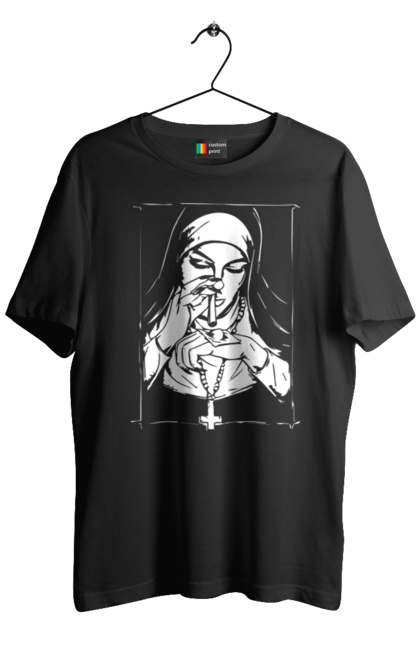 Футболка чоловіча з принтом "Монашка нюхає порошок". Крута, метал, модна, молодіжна, популярна, рок, хрест, черниця, черниця нюхає порошок. 2070702