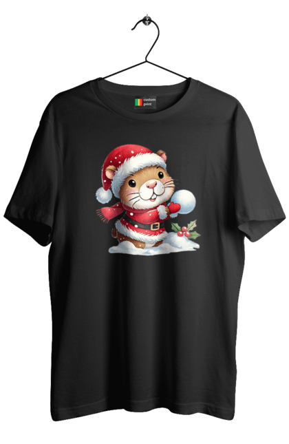 Men's t-shirt with prints Capybara playing snowballs. Animal, capybara, christmas, christmas capybara, game, gift, holiday, new year, santa, snowballs. 2070702