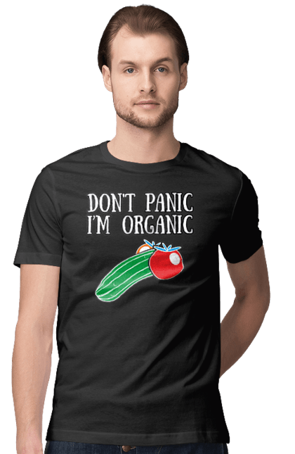 Футболка чоловіча з принтом "Не панікуйте, я органічний". Овочі, огірок, органіка, продукти, фрукти. CustomPrint.market