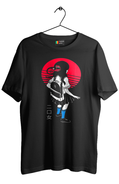 Men's t-shirt with prints Two Mouthed Girl. Horror, japan, language, lips, mouth, schoolgirl, young woman. 2070702