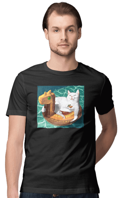 Футболка чоловіча з принтом "Білий кіт у плавальному колі, на відпочинку". Басейн, відпочинок, кіт, коктейль, море, плавальний круг. 2070702