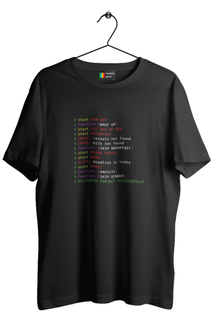 Футболка чоловіча з принтом "Життя програміста". Angular, c, css, html, it, javascript, jquery, php, python, react, svelt, vue, айтишник, айті, гумор, код, кодувати, прогер, програміст, програмісти, ти ж, ти ж програміст, тиж програміст. ART принт на футболках