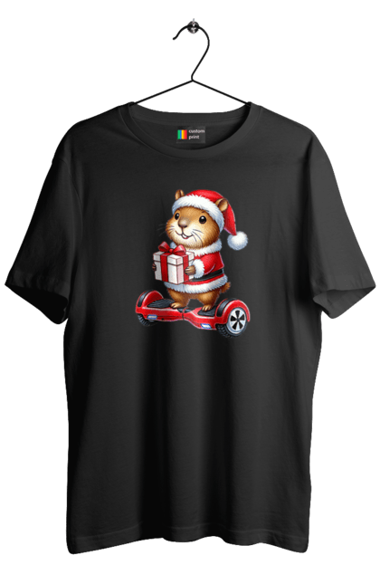 Men's t-shirt with prints Christmas Capybara with a Gift. Animal, capybara, christmas, christmas capybara, gift, holiday, new year, new year`s gift, santa. 2070702