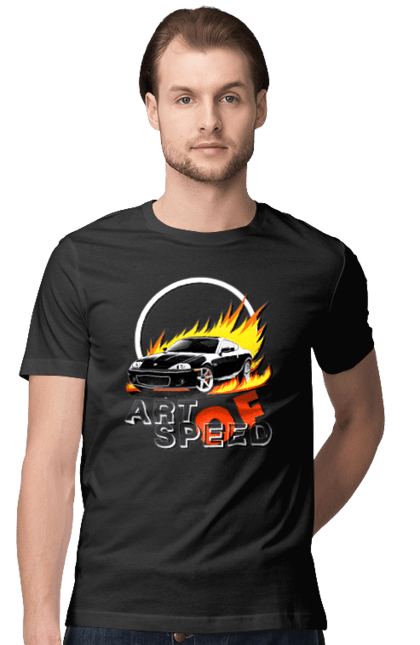 Футболка чоловіча з принтом "Автомобіль у вогні". Авто, автомобіль у вогні, гонка, дрейф, спорт, спортивна машина, швидкість. 2070702