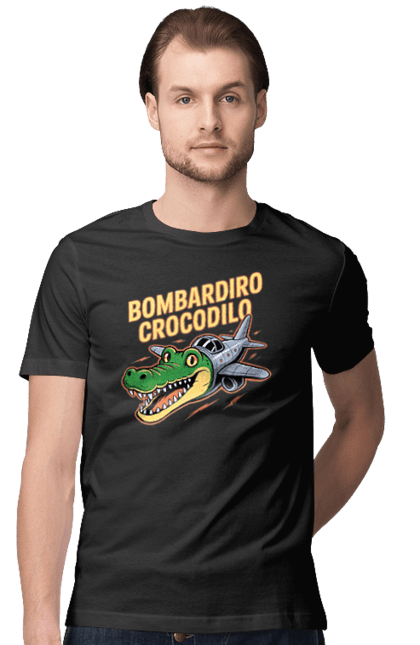 Футболка мужская с принтом Bombardino Crocodilo. Bombardino, bombardino crocodilo, crocodilo, бомбардино крокодило, брейнрот, брейнрот персонажи, итальянские мемы, итальянский брейнрот, крокодил, крокодил самолет. 2070702