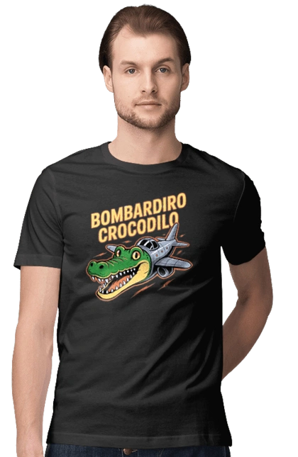 Футболка мужская с принтом Bombardino Crocodilo. Bombardino, bombardino crocodilo, crocodilo, бомбардино крокодило, брейнрот, брейнрот персонажи, итальянские мемы, итальянский брейнрот, крокодил, крокодил самолет. 2070702