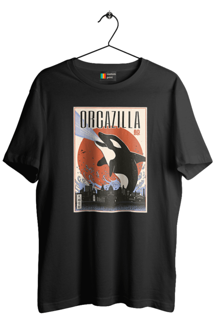 Men's t-shirt with prints Orcazilla. Cartoon style design, graphic, japan print, japanese, japanese art, japanese poster, japanese poster orca, ocean wildlife, orca, orcazilla. 2070702