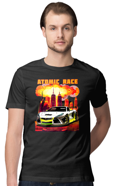 Футболка чоловіча з принтом "Атомна гонка". Авто, автомобіль, атомні перегони, гонки, гоночні машини, спортивна машина, спорткар. 2070702