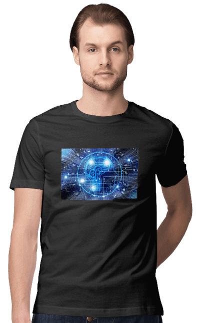 Футболка чоловіча з принтом "Штучний інтелект". Айті, айтішник, гік, знання, інженер, інтелект, кібер, кібернетика, кіборг, код, комп, комп`ютерник, кристал, машинне навчання, мікросхема, мозок, портрет, програміст, професіонал, професія, розробник, розум, хакер, чіп, штучний інтелект, штучний розум. 2070702