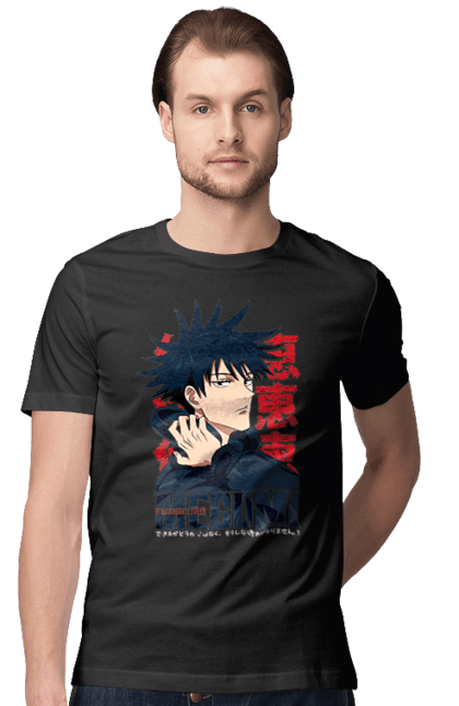 Men's t-shirt with prints Jujutsu Kaisen Megumi. Anime, dark fantasy, fushiguro, fushiguro megumi, jujutsu kaisen, magic battle, manga, megumi, mystic. 2070702