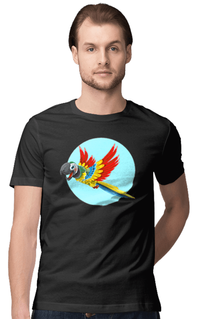 Футболка чоловіча з принтом "Папуга". Барвистий папуга, какаду, кольоровий папуга, папуга, що летить. 2070702