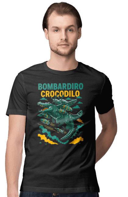 Футболка мужская с принтом Bombardino Crocodilo. Bombardino, bombardino crocodilo, бомбардино крокодило, бомбардиро крокодило, брейнрот, брейнрот персонажи, итальянские мемы, итальянский брейнрот, крокодил, крокодил самолет. 2070702