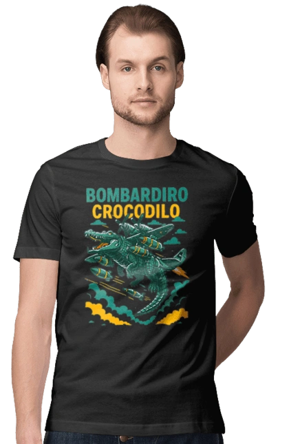 Футболка мужская с принтом Bombardino Crocodilo. Bombardino, bombardino crocodilo, бомбардино крокодило, бомбардиро крокодило, брейнрот, брейнрот персонажи, итальянские мемы, итальянский брейнрот, крокодил, крокодил самолет. 2070702