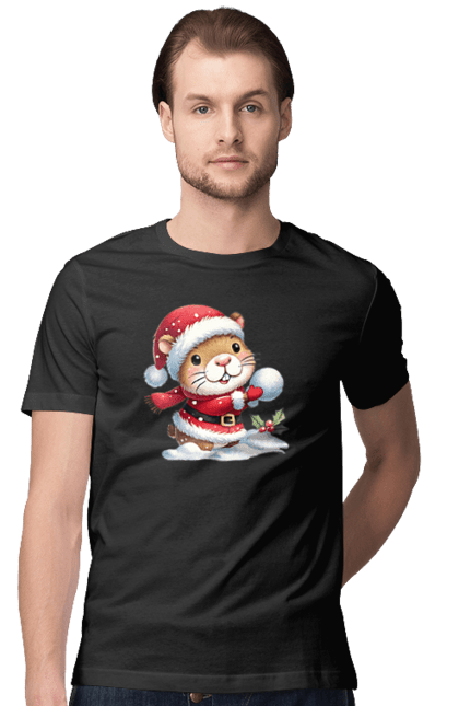 Men's t-shirt with prints Capybara playing snowballs. Animal, capybara, christmas, christmas capybara, game, gift, holiday, new year, santa, snowballs. 2070702