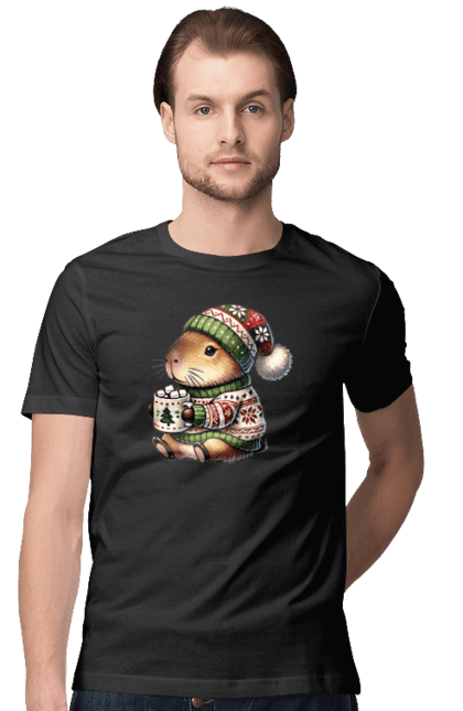 Men's t-shirt with prints Capybara with hot chocolate. Animal, capybara, christmas, christmas capybara, gift, holiday, hot chocolate, new year, santa. 2070702